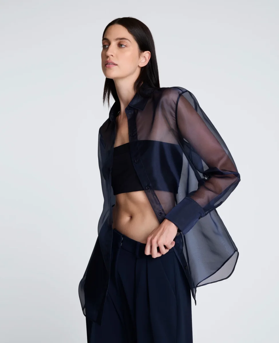 Camisa manga larga delantera organza trasparente para mujer - Imagen 3