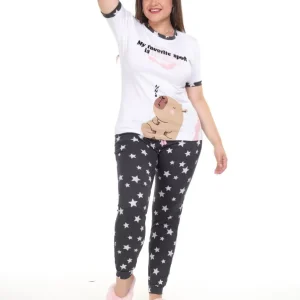 Pijama pantalón negro y camisa manga corta capibarara blanca